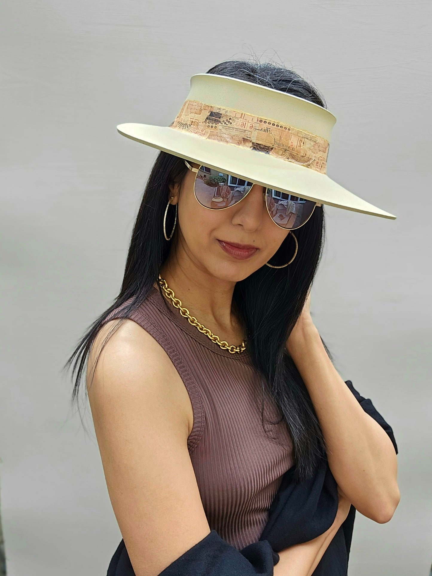 Beige "LadyEVA" Visor Hat with Vintage Collage Band