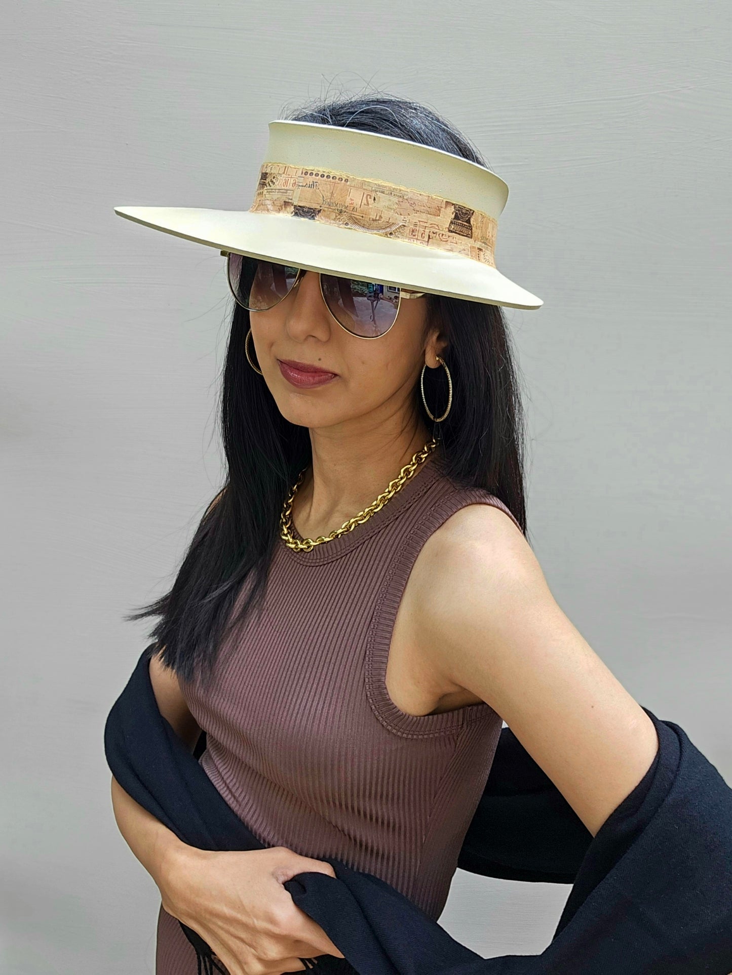 Beige "LadyEVA" Visor Hat with Vintage Collage Band