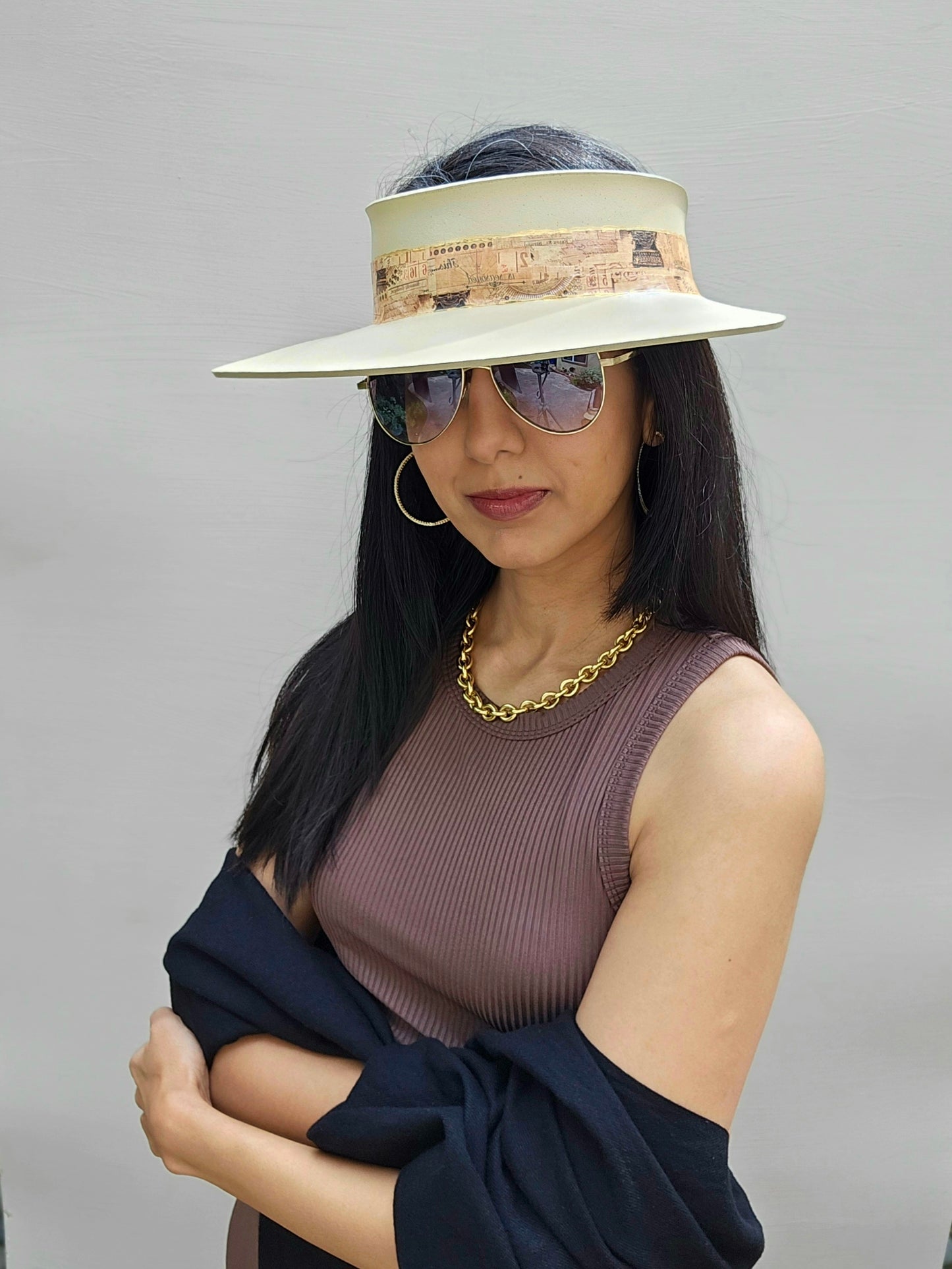 Beige "LadyEVA" Visor Hat with Vintage Collage Band
