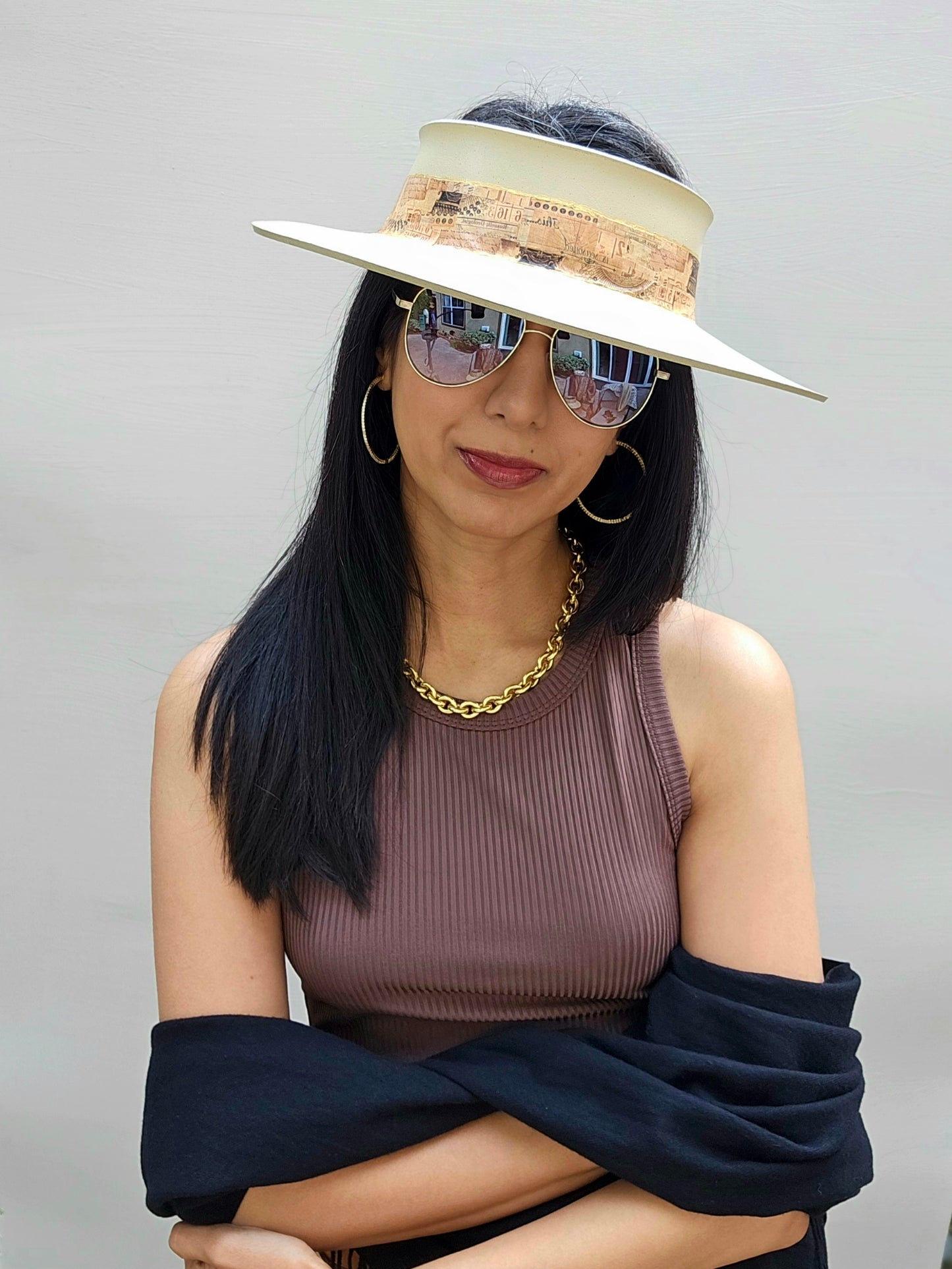Beige "LadyEVA" Visor Hat with Vintage Collage Band