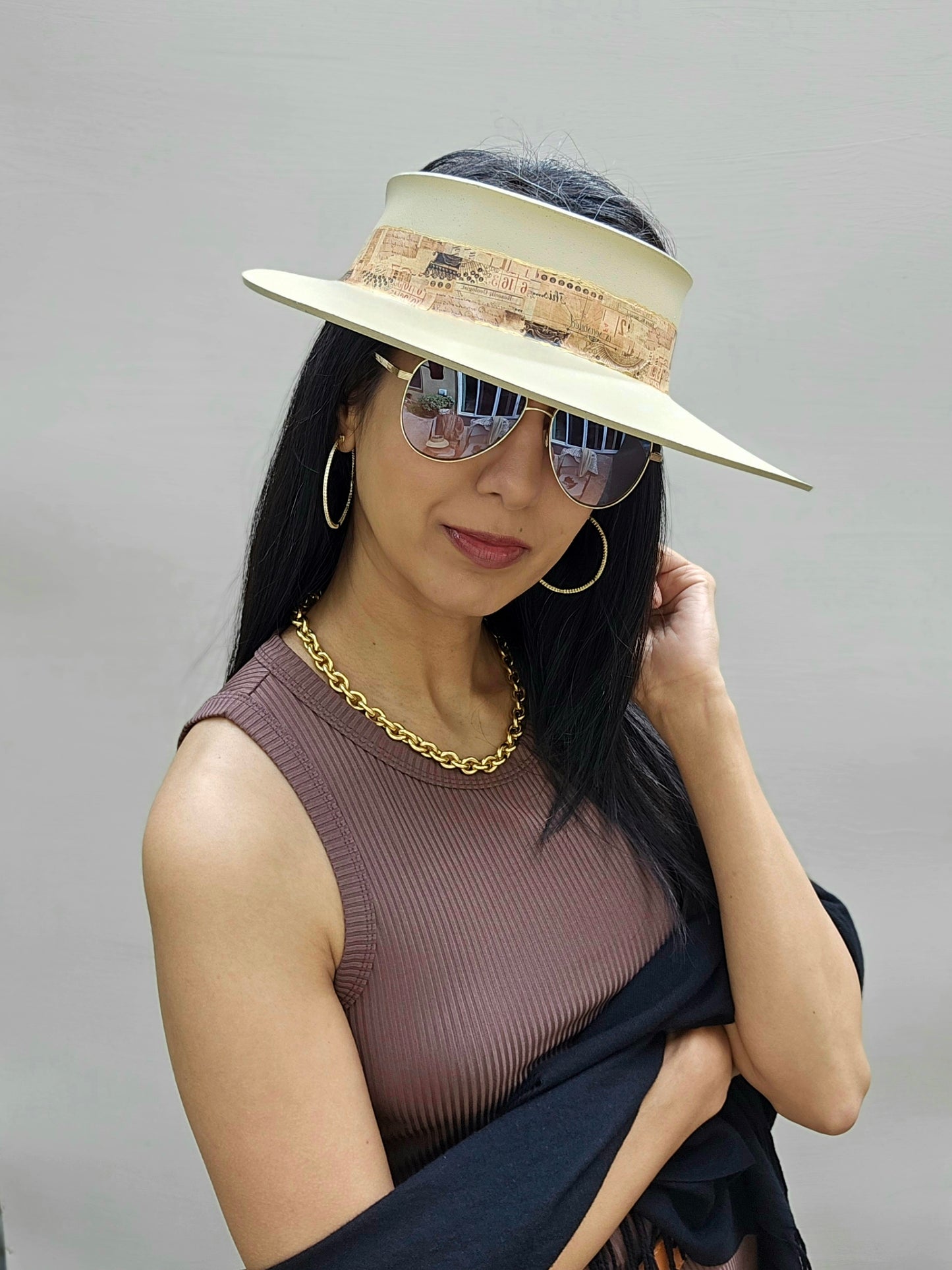 Beige "LadyEVA" Visor Hat with Vintage Collage Band