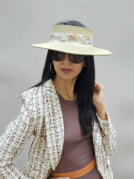 Beautiful Beige Audrey Foam Sun Visor Hat with Elegant Architectural Collage Band: 1940s, Walks, Brunch, Tea, Golf, Wedding, Church, No Headache, Swim