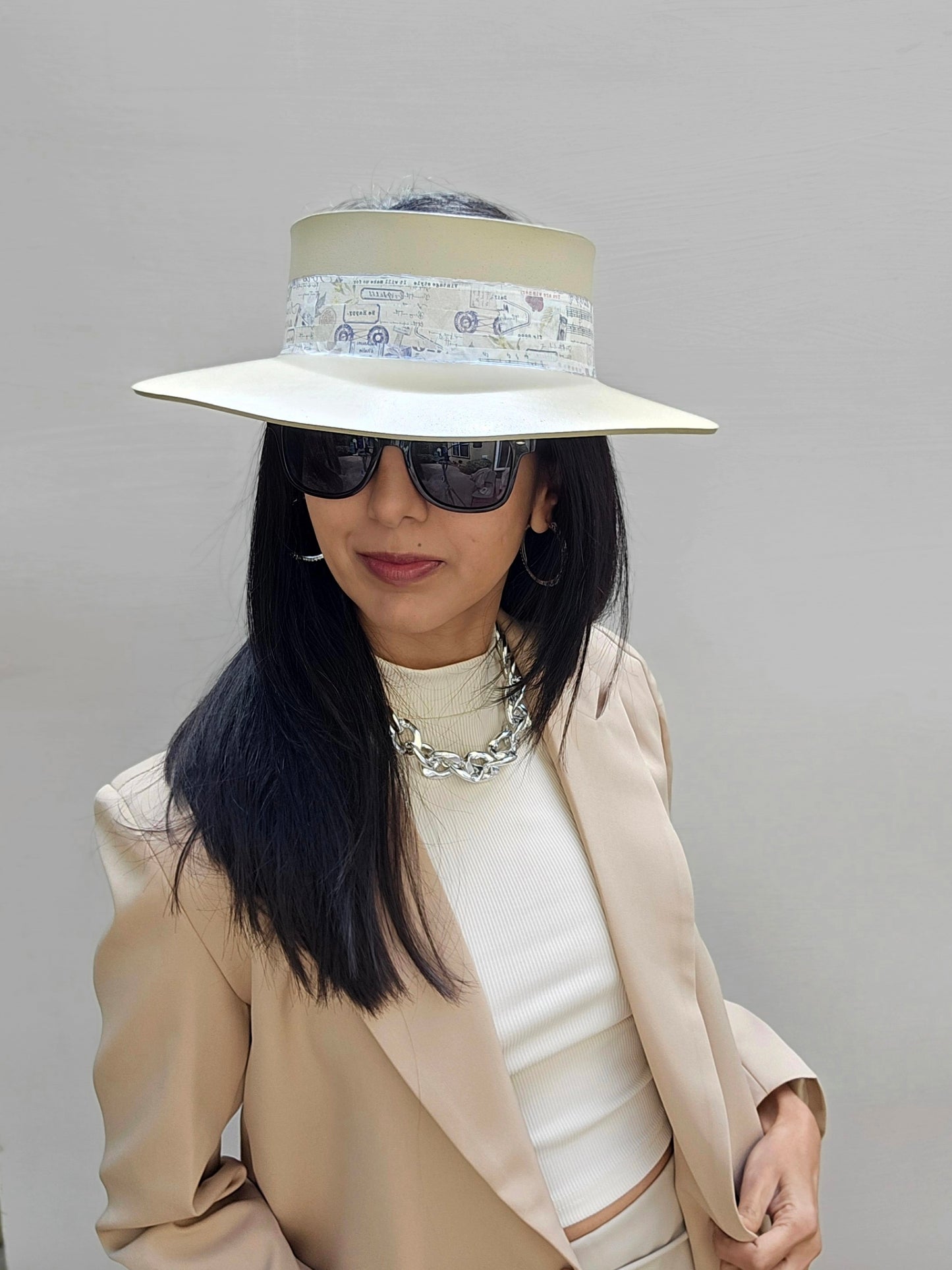 Beautiful Beige Audrey Foam Sun Visor Hat with Elegant Vintage Collage Band: 1950s, Walks, Brunch, Tea, Golf, Wedding, Church, No Headache, Beach