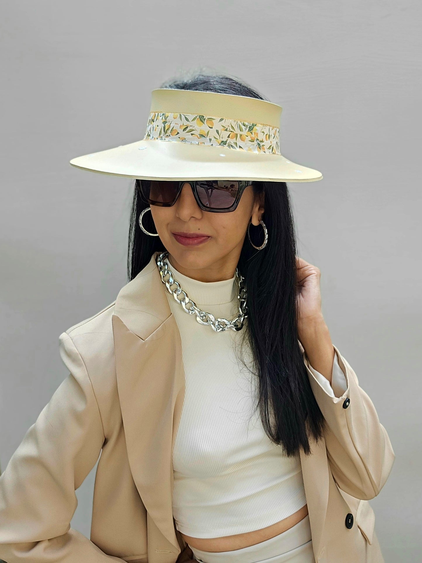 Beautiful Beige Audrey Foam Sun Visor Hat with Fun Citrus Floral Band and White Flowers on Brim: 1950s, Walks, Brunch, Tea, Golf, Wedding, Church, No Headache, Derby