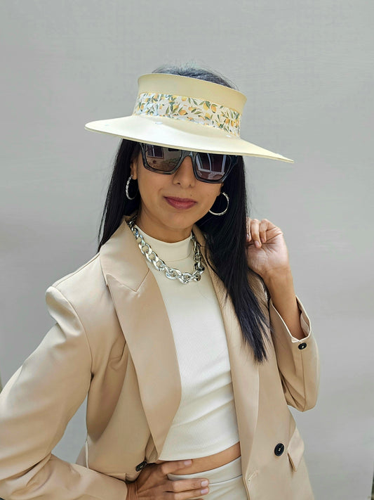 Beautiful Beige Audrey Foam Sun Visor Hat with Fun Citrus Floral Band and White Flowers on Brim: 1950s, Walks, Brunch, Tea, Golf, Wedding, Church, No Headache, Derby