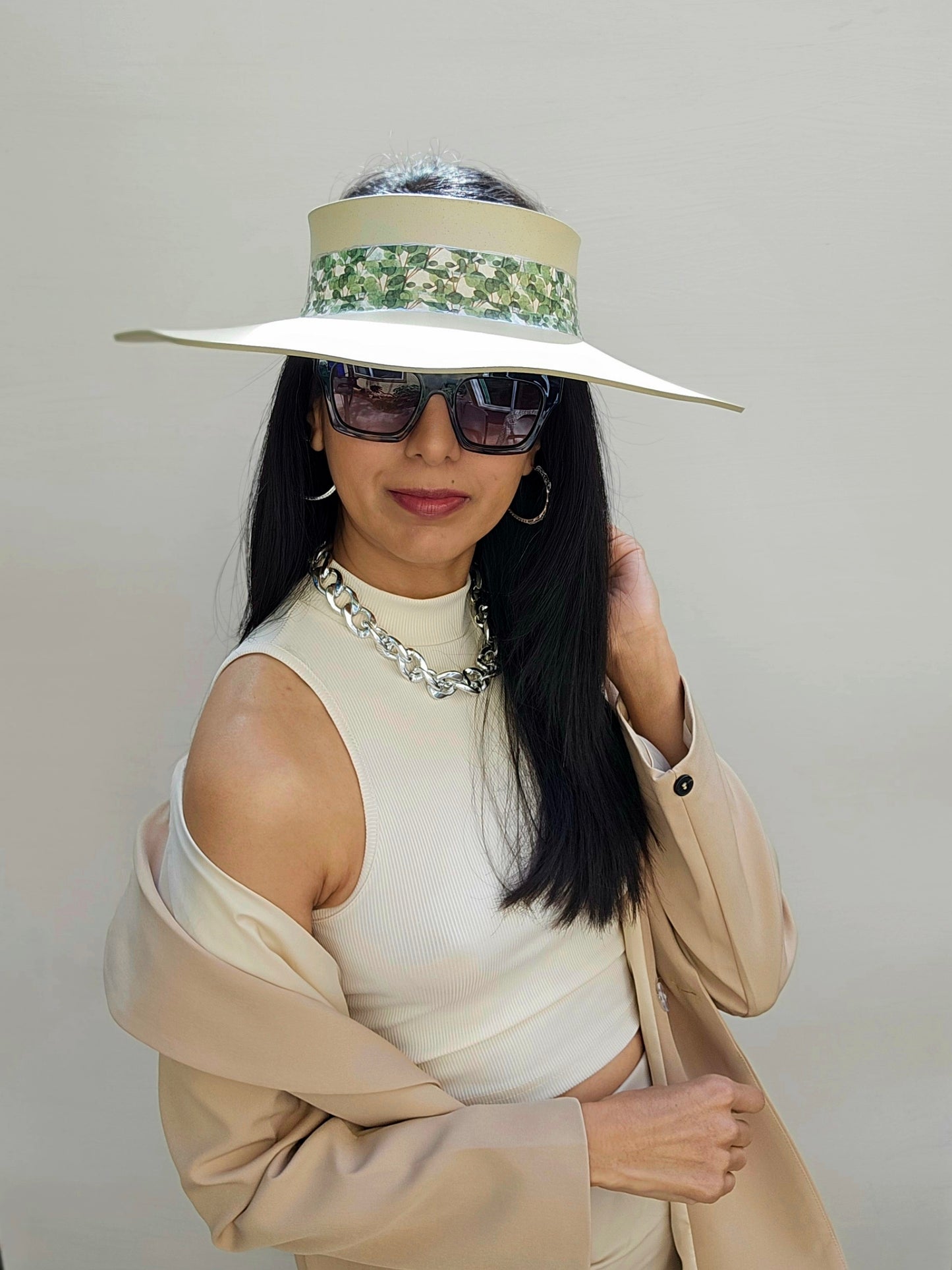 Beige Lotus Visor Hat with Green Leaf Band