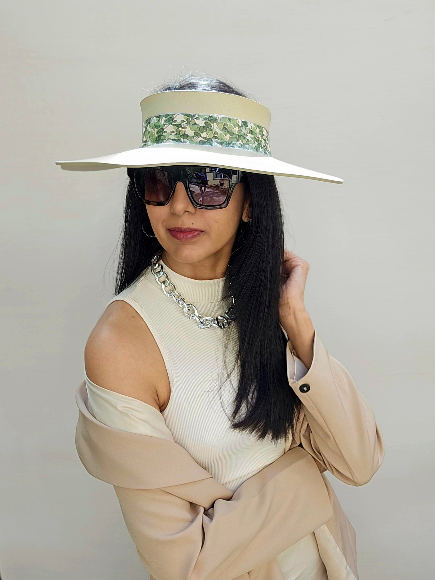 Beige Lotus Visor Hat with Green Leaf Band