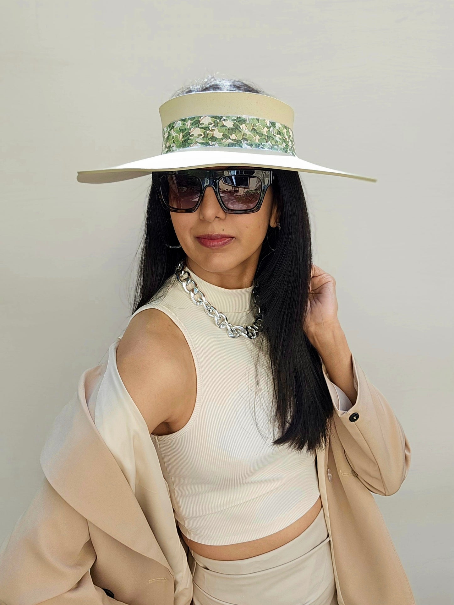 Beige Lotus Visor Hat with Green Leaf Band