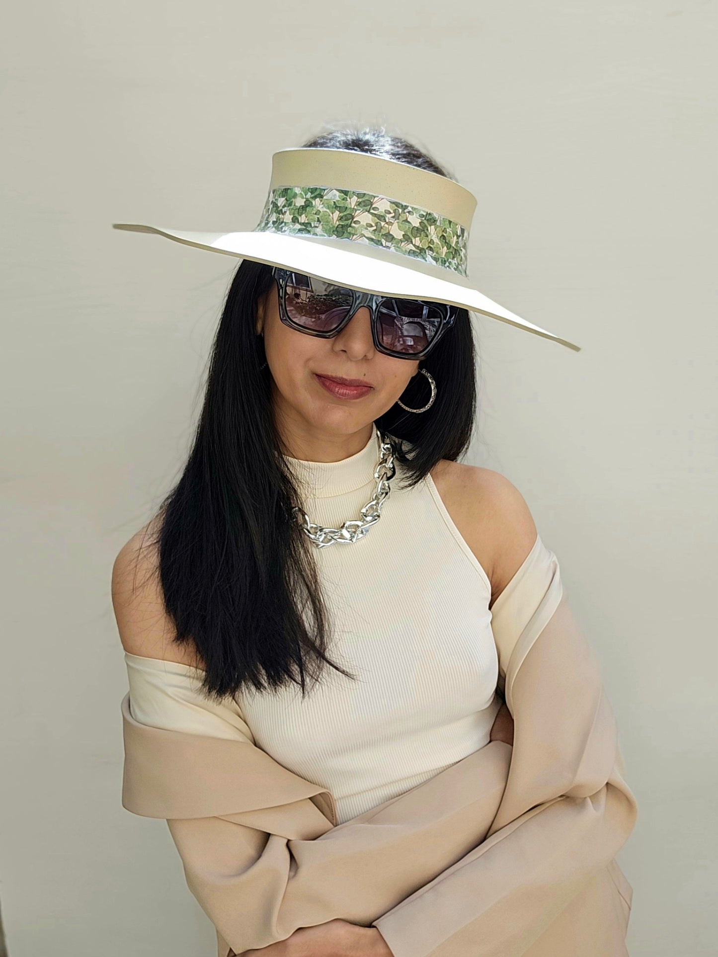 Beige Lotus Visor Hat with Green Leaf Band