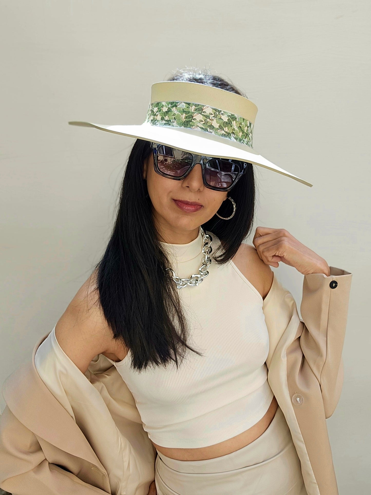 Beige Lotus Visor Hat with Green Leaf Band
