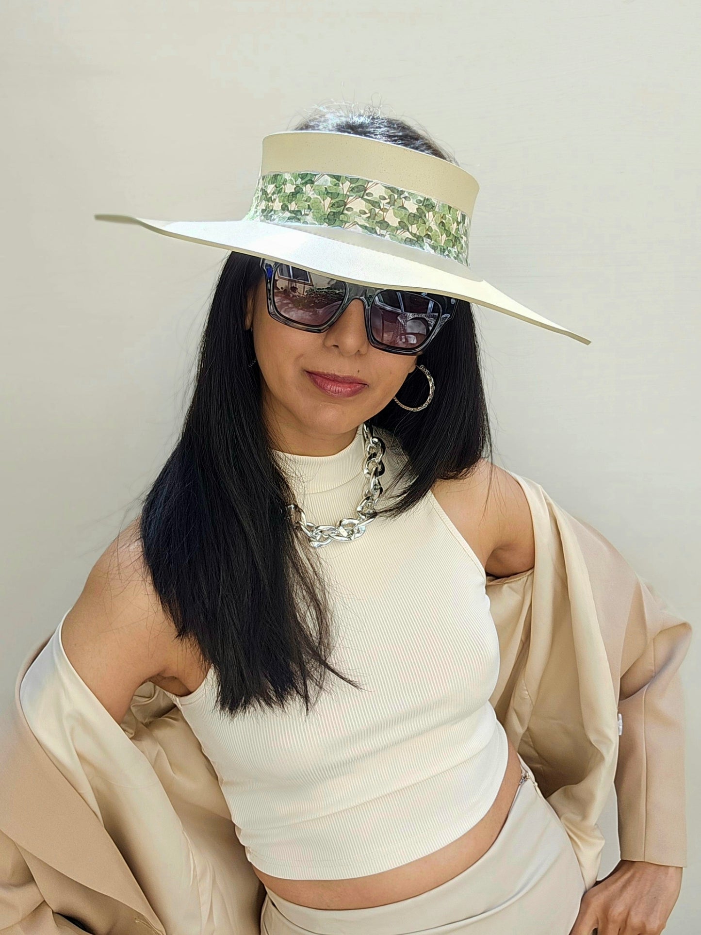 Beige Lotus Visor Hat with Green Leaf Band