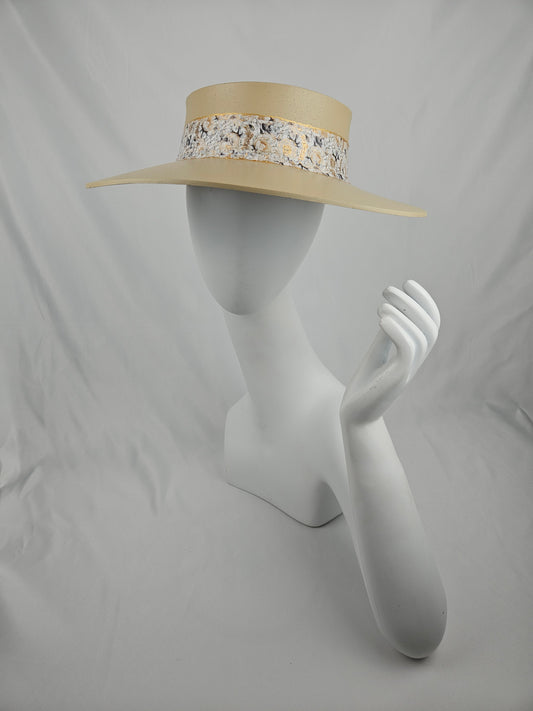 Beautiful Beige Audrey Foam Sun Visor Hat with Elegant White and Gold Floral Band: 1950s, Walks, Brunch, Tea, Golf, Wedding, Church, No Headache, Pool