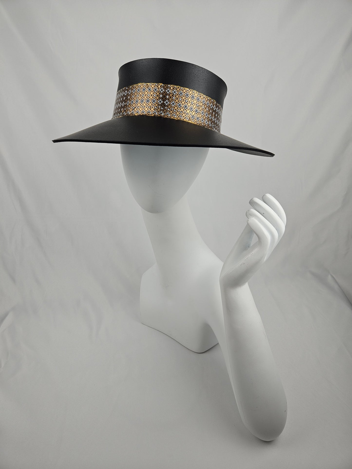 Tall Timeless Black Audrey Foam Sun Visor Hat with Cute Gold and Silver Graphic Band: 1950s, Walks, Brunch, Tea, Golf, Wedding, Church, No Headache, Easter, Pool