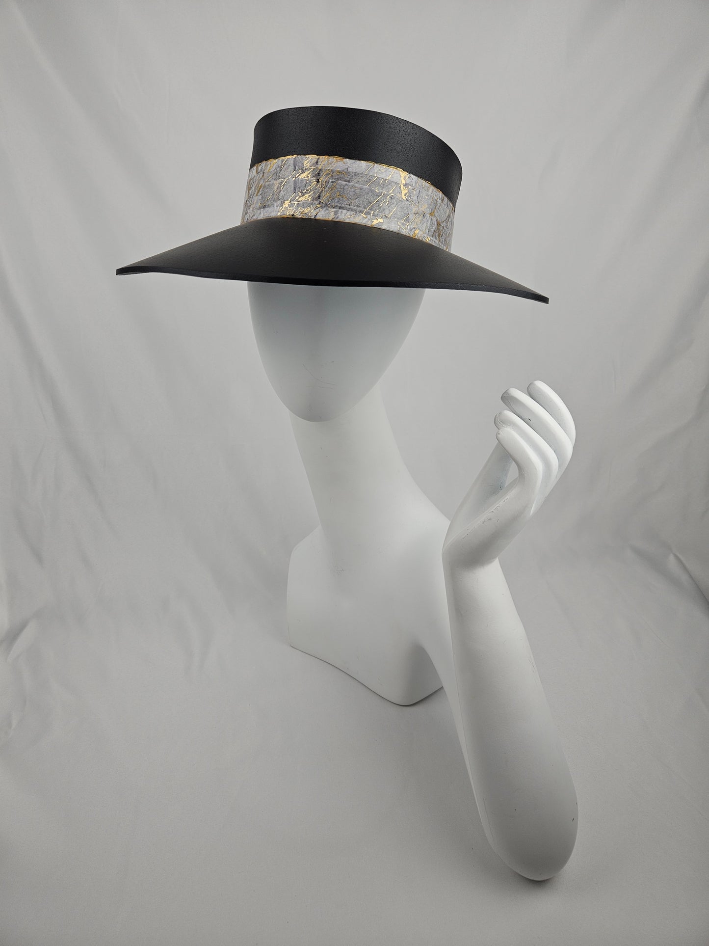 Tall Timeless Black Audrey Foam Sun Visor Hat with Elegant Golden Marbled Band: 1920s, Walks, Brunch, Tea, Golf, Wedding, Church, No Headache, Easter, Pool