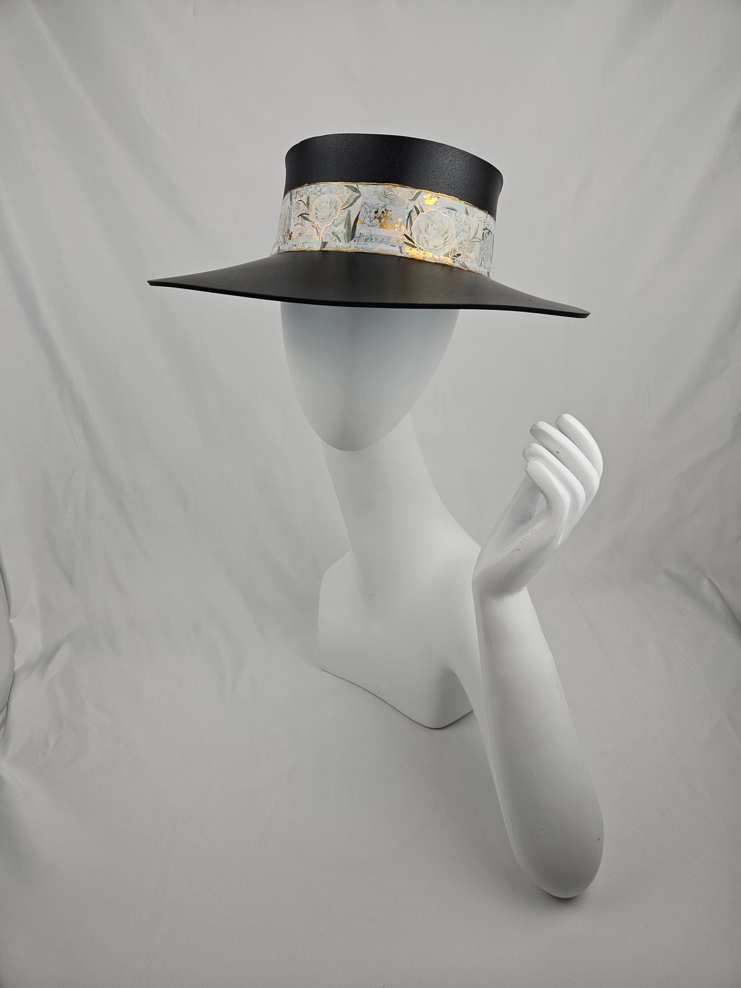 Tall Timeless Black Audrey Foam Sun Visor Hat with Elegant Golden and White Floral Band: 1950s, Walks, Brunch, Tea, Golf, Wedding, Church, No Headache, Easter, Pool