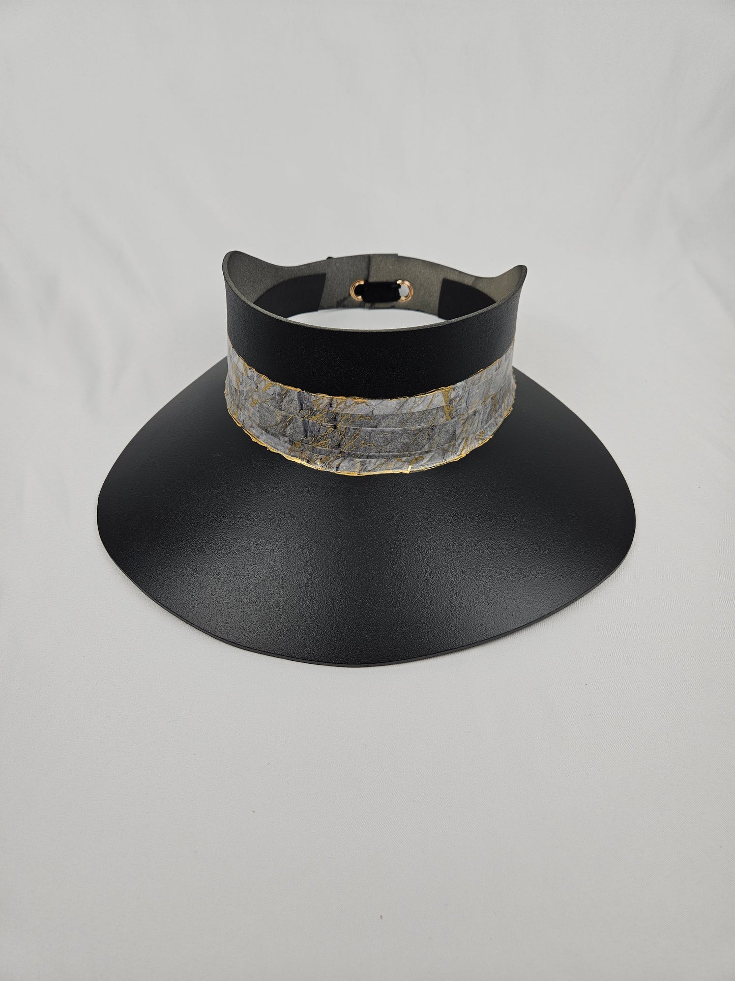 Tall Timeless Black Audrey Foam Sun Visor Hat with Elegant Golden Marbled Band: 1920s, Walks, Brunch, Tea, Golf, Wedding, Church, No Headache, Easter, Pool