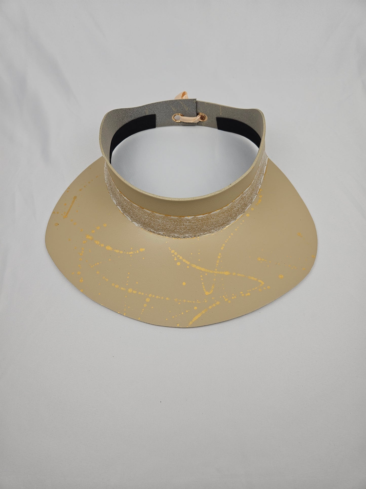 Beautiful Beige Audrey Sun Visor Hat with Elegant Golden Band and Paint Splatter: 1940s, Walks, Brunch, Tea, Golf, Wedding, Church, No Headache, Easter, Pool