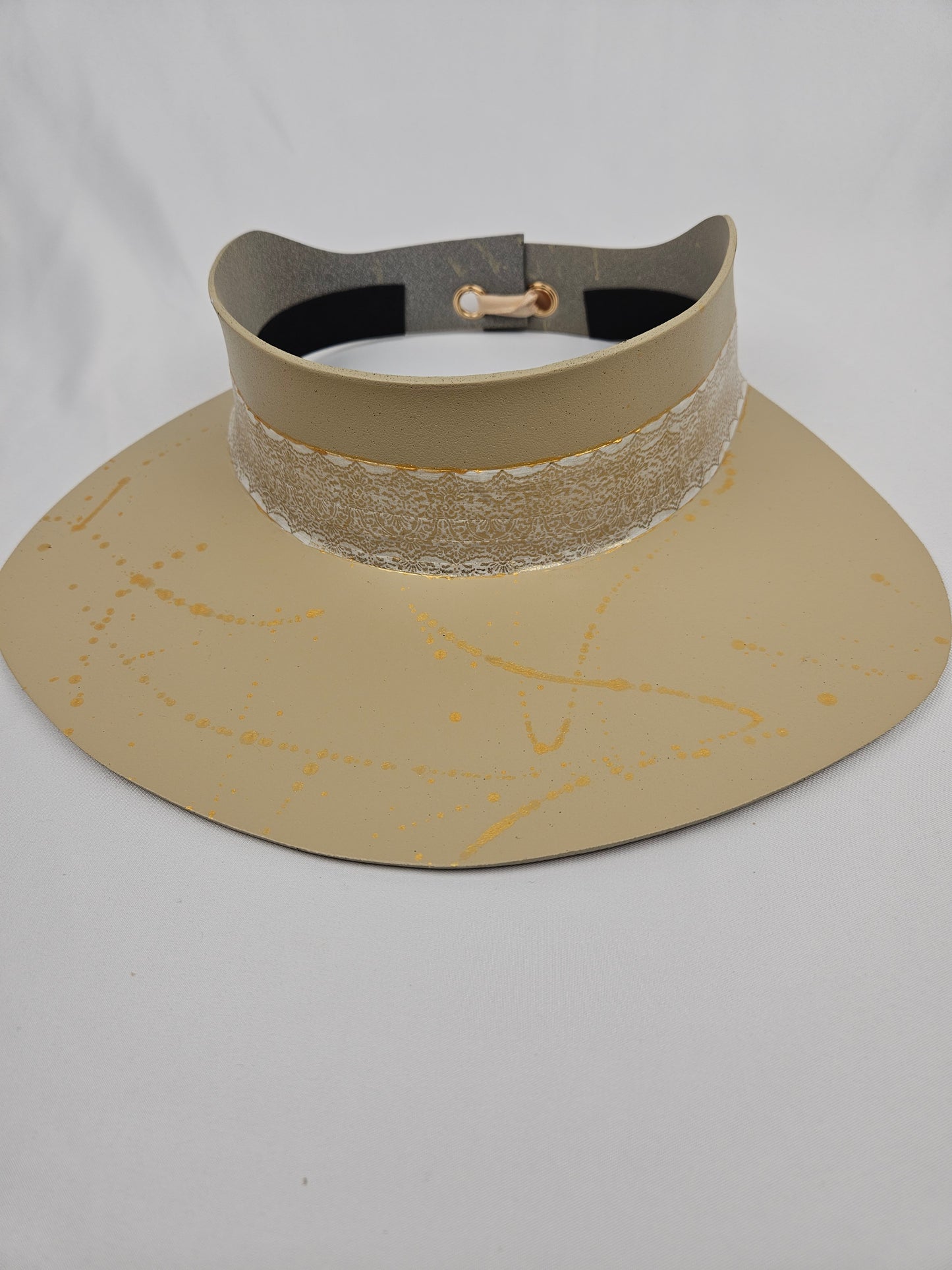 Beautiful Beige Audrey Sun Visor Hat with Elegant Golden Band and Paint Splatter: 1940s, Walks, Brunch, Tea, Golf, Wedding, Church, No Headache, Easter, Pool