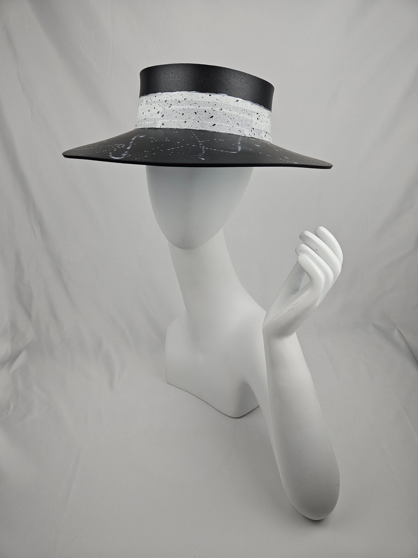 Tall Timeless Black Audrey Foam Sun Visor Hat with Elegant Spotted Band and Silver Paint Splatter: 1950s, Walks, Brunch, Tea, Golf, Wedding, Church, No Headache, Easter, Pool