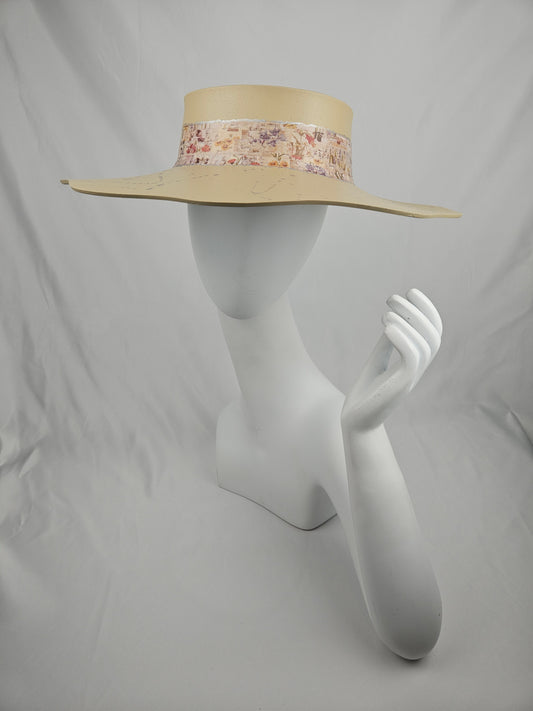 Beautiful Beige Lotus Sun Visor Hat with Elegant Vintage Floral Style Band and Silver Paint Splatter: 1940s, Walks, Brunch, Tea, Golf, Wedding, Church, No Headache, Easter, Pool