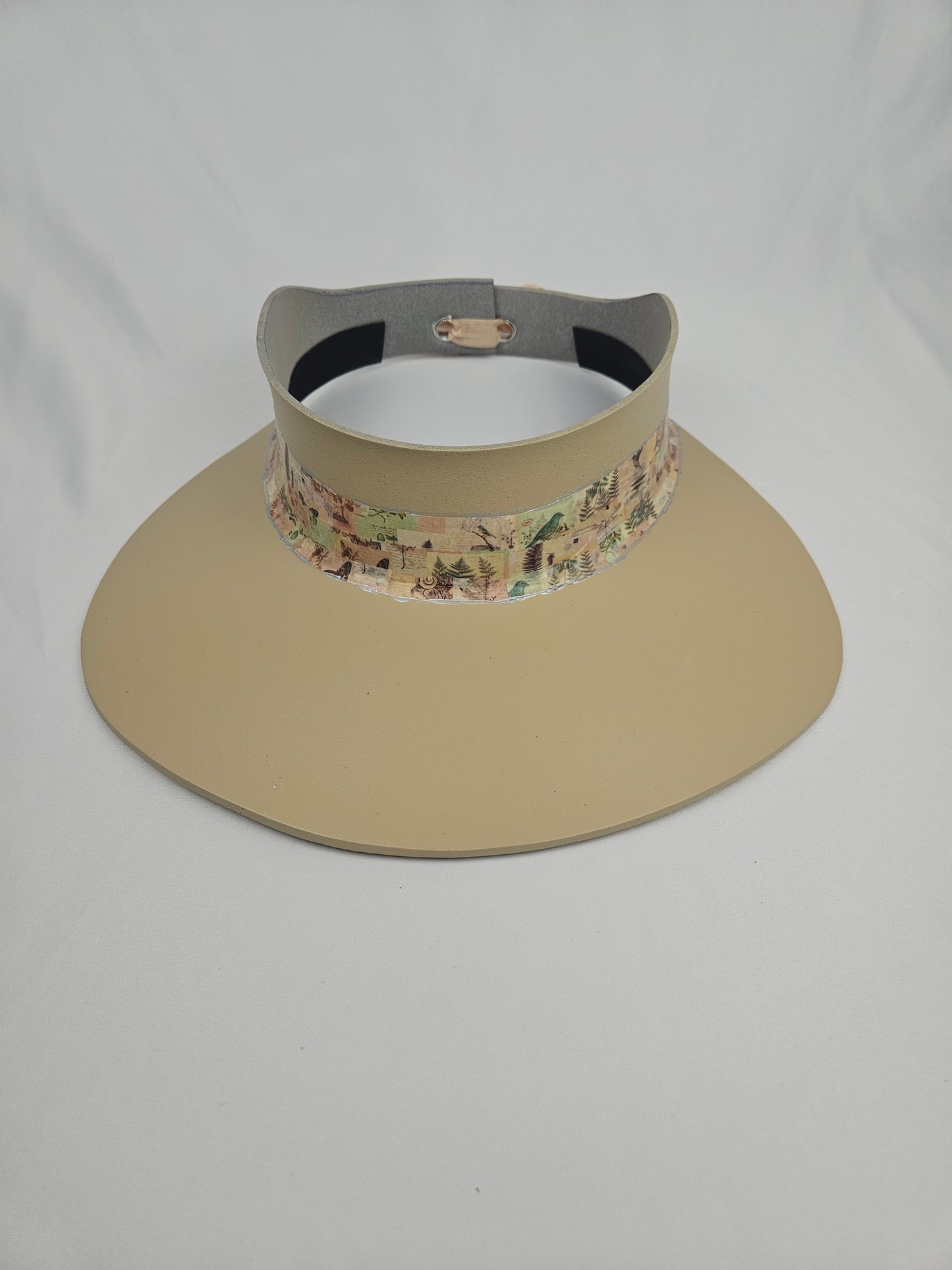 Beautiful Beige Audrey Sun Visor Hat with Elegant Botanical Collage Band: 1950s, Walks, Brunch, Tea, Golf, Wedding, Church, No Headache, Easter, Pool, Beach