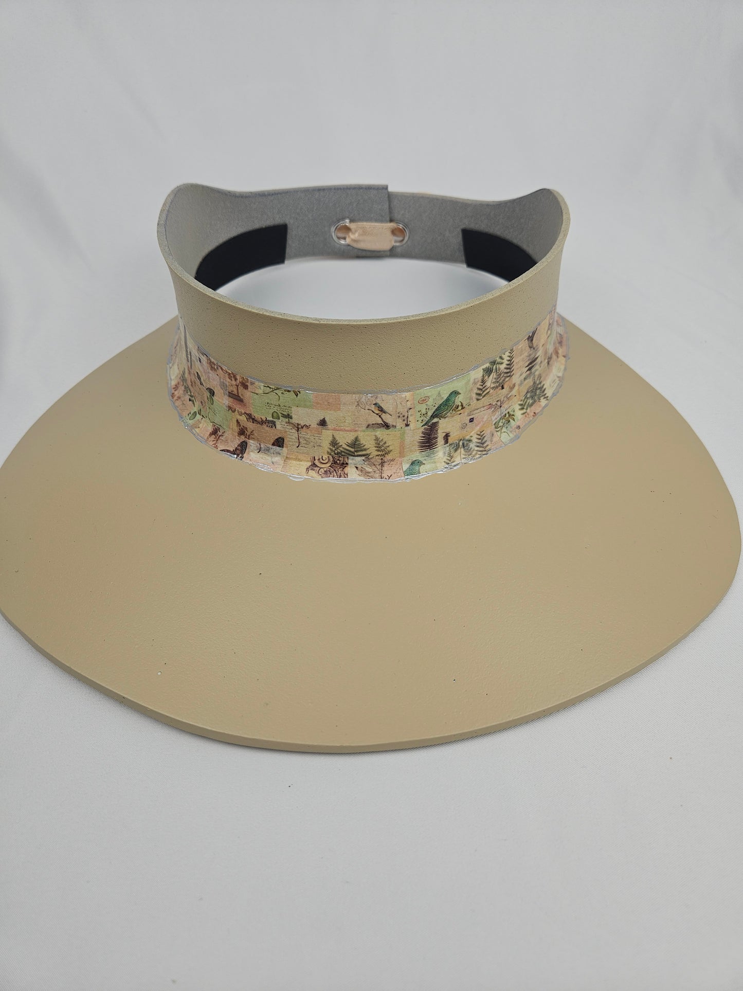 Beautiful Beige Audrey Sun Visor Hat with Elegant Botanical Collage Band: 1950s, Walks, Brunch, Tea, Golf, Wedding, Church, No Headache, Easter, Pool, Beach