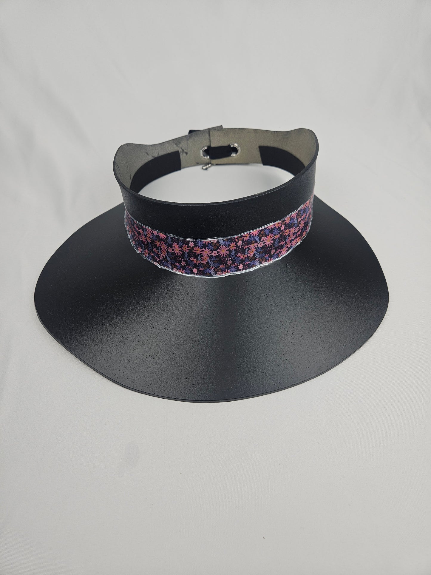 Timeless Black Audrey Foam Sun Visor Hat with Cute Pink and Purple Floral Band: 1950s, Walks, Brunch, Tea, Golf, Wedding, Church, No Headache, Easter, Pool, Beach