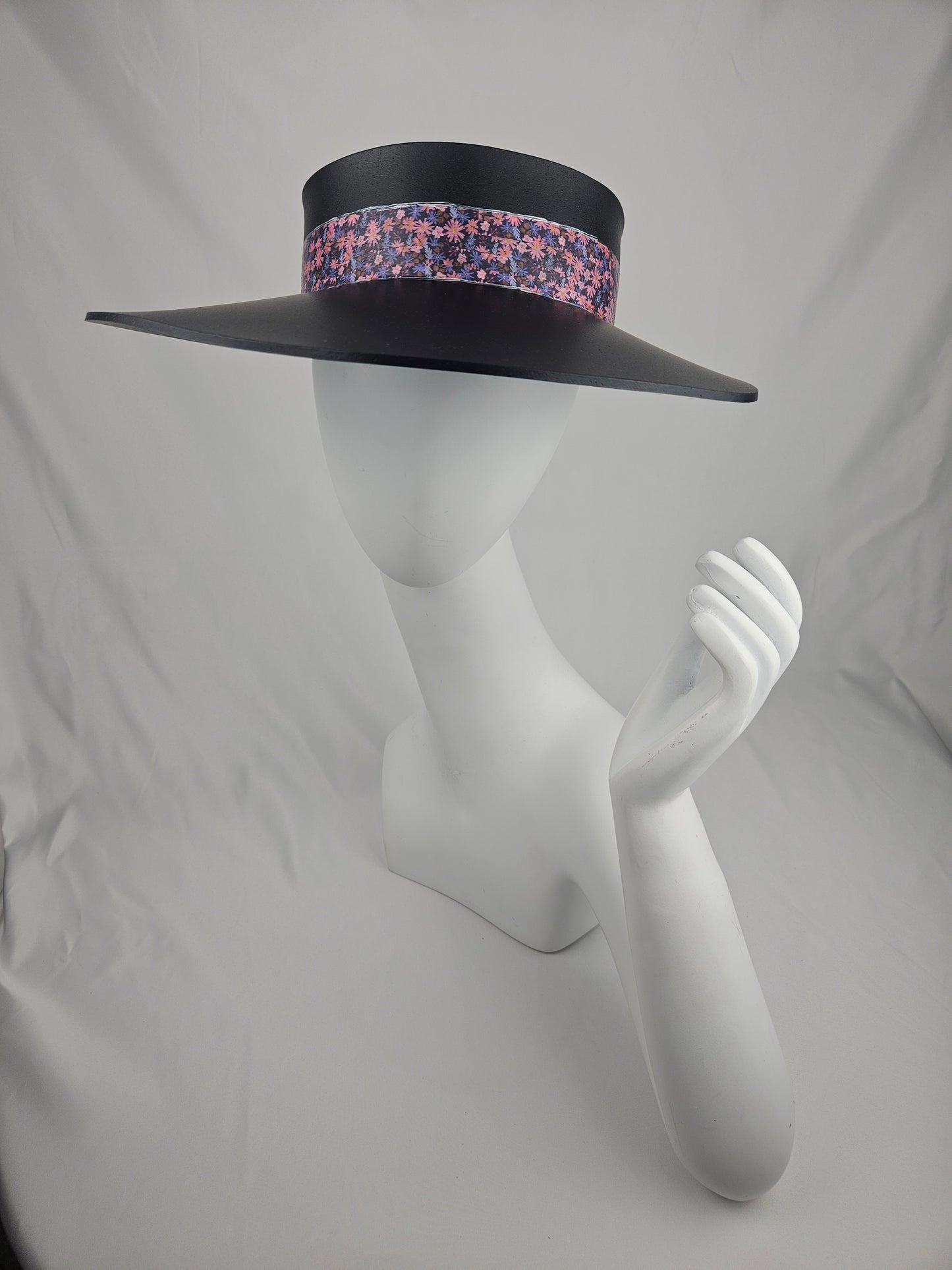 Timeless Black Audrey Foam Sun Visor Hat with Cute Pink and Purple Floral Band: 1950s, Walks, Brunch, Tea, Golf, Wedding, Church, No Headache, Easter, Pool, Beach