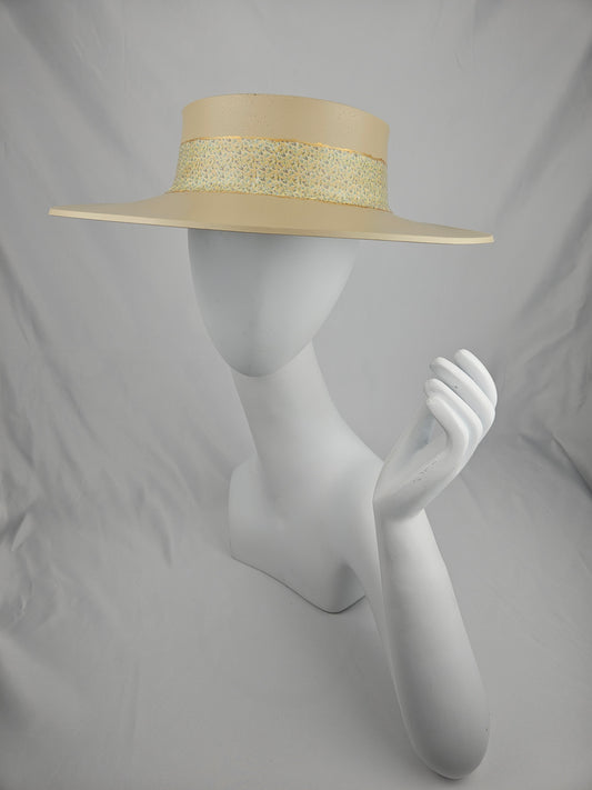 Beautiful Beige Audrey Sun Visor Hat with Elegant Floral Band: 1950s, Walks, Brunch, Tea, Golf, Wedding, Church, No Headache, Easter, Pool, Beach