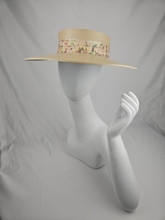 Beautiful Beige Audrey Sun Visor Hat with Elegant Botanical Collage Band: 1950s, Walks, Brunch, Tea, Golf, Wedding, Church, No Headache, Easter, Pool, Beach