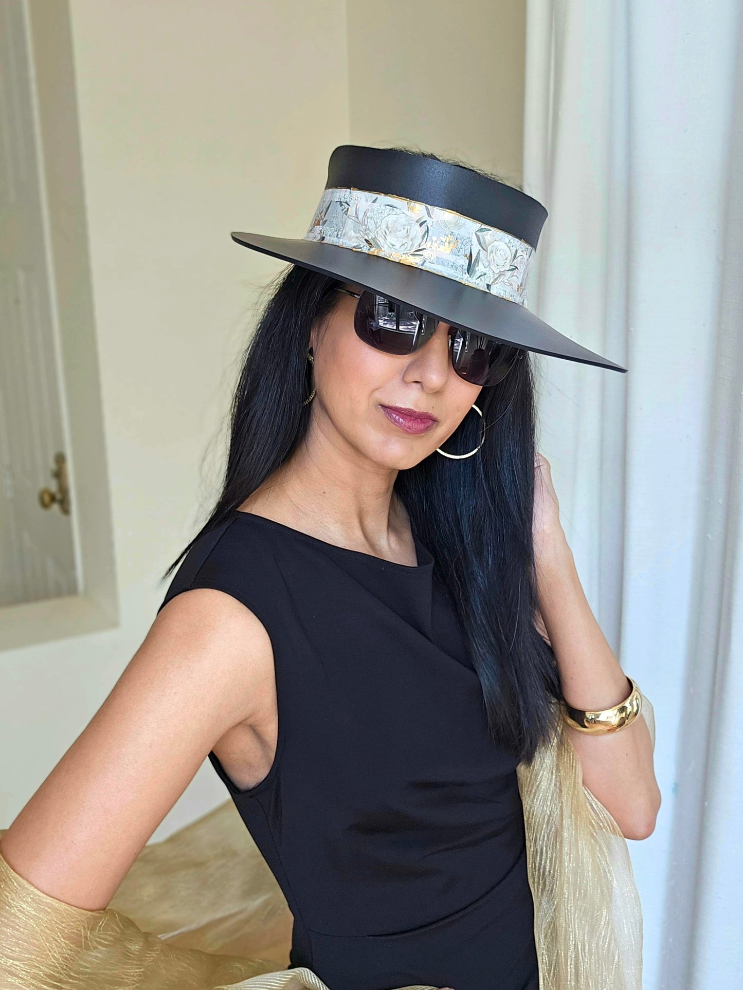 Tall Black "LadyEVA" Visor Hat with Golden and White Floral Band