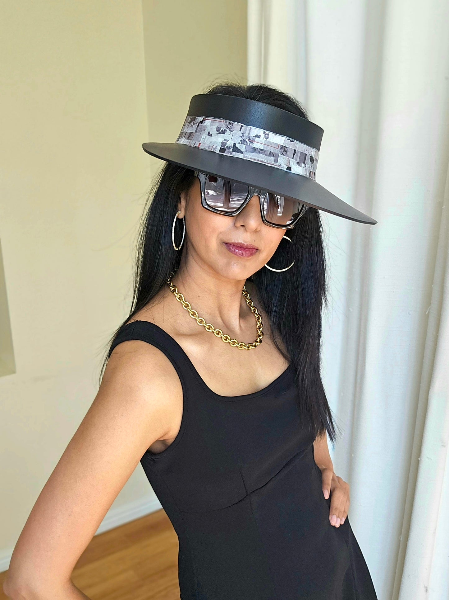 Black "LadyEVA" Visor Hat with Vintage Style Collage Band with Small Red Detail