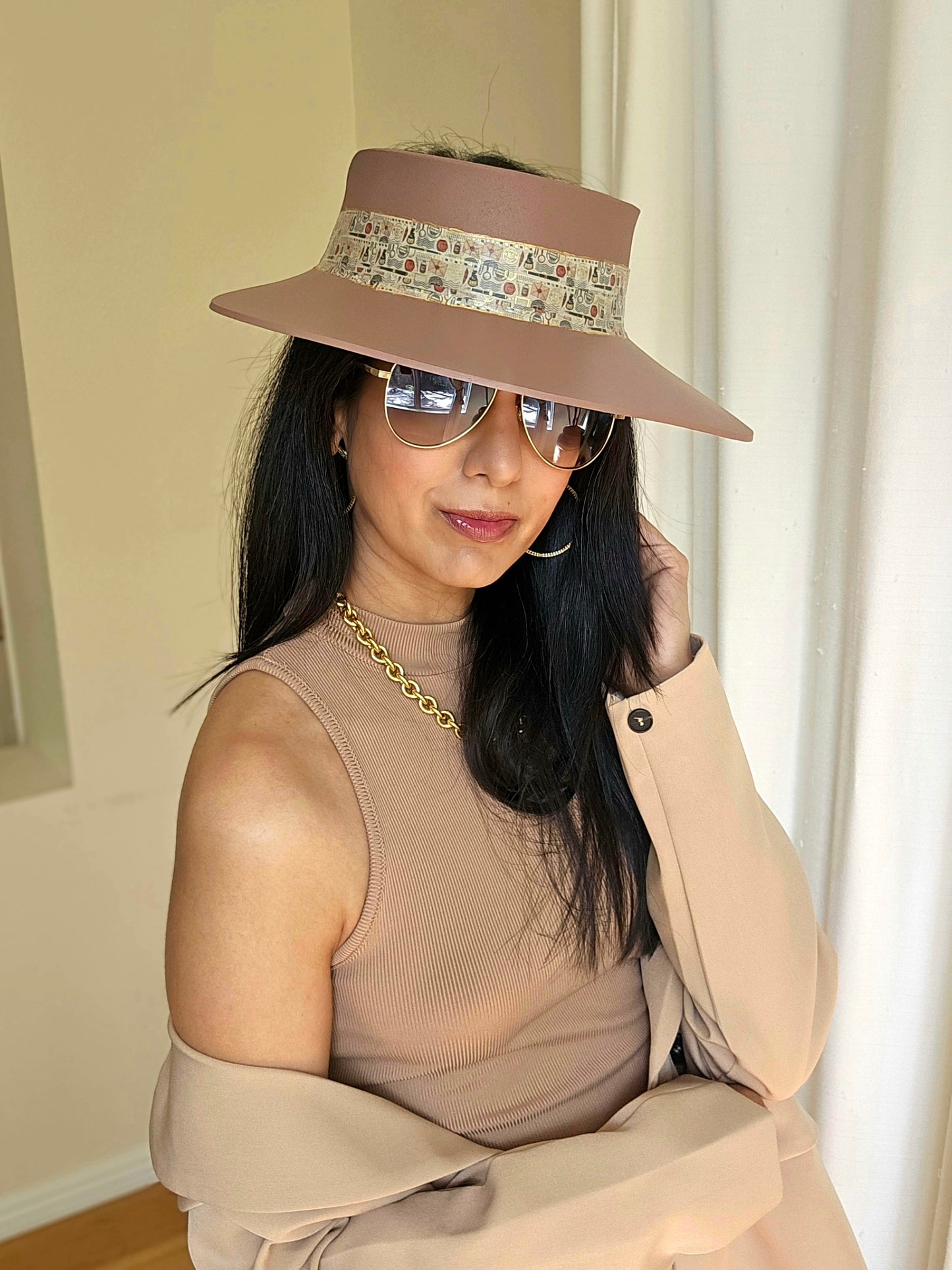 Tall Brown "LadyEVA" Visor Hat with Vintage Postage/Mail Themed Golden Band