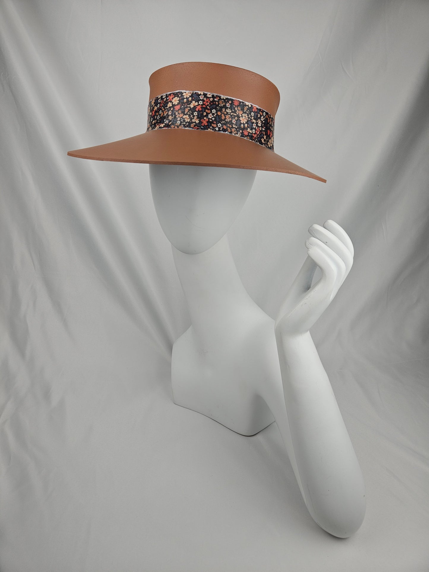Tall Caramel Brown Audrey Sun Visor Hat with Black Multicolored Floral Band: 1940s, Walks, Brunch, Tea, Golf, Wedding, Church, No Headache, Easter, Pool, Beach, Big Brim
