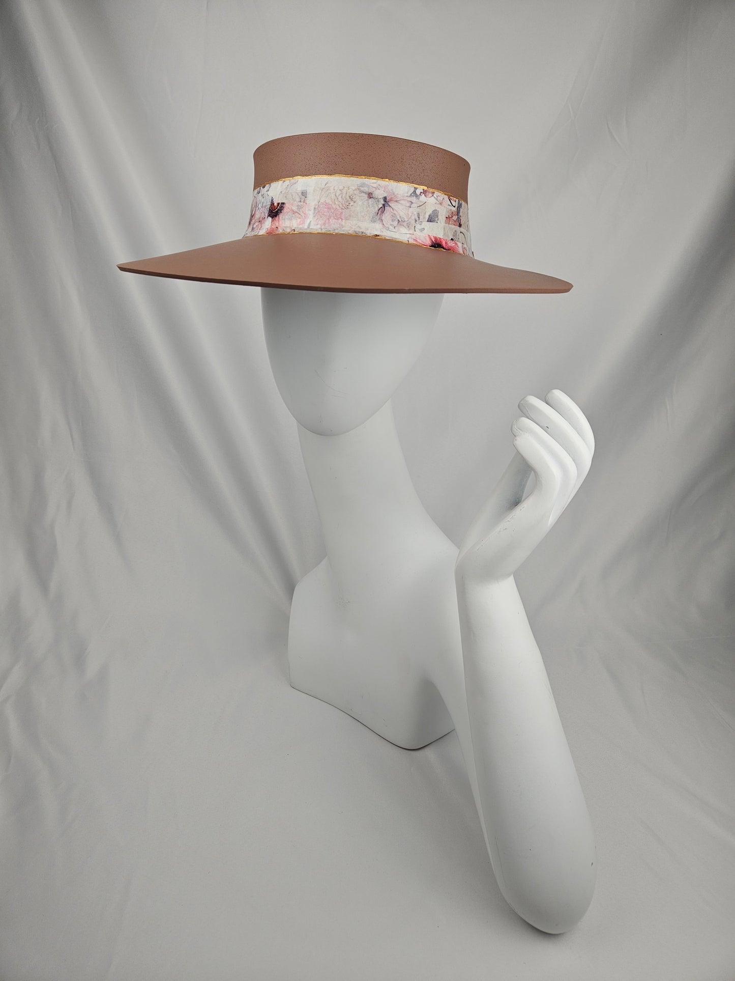 Caramel Brown Audrey Sun Visor Hat with Elegant Pink Floral Band: UV Resistant, Walks, Brunch, Tea, Golf, Wedding, Church, No Headache, Easter, Pool, Beach, Big Brim