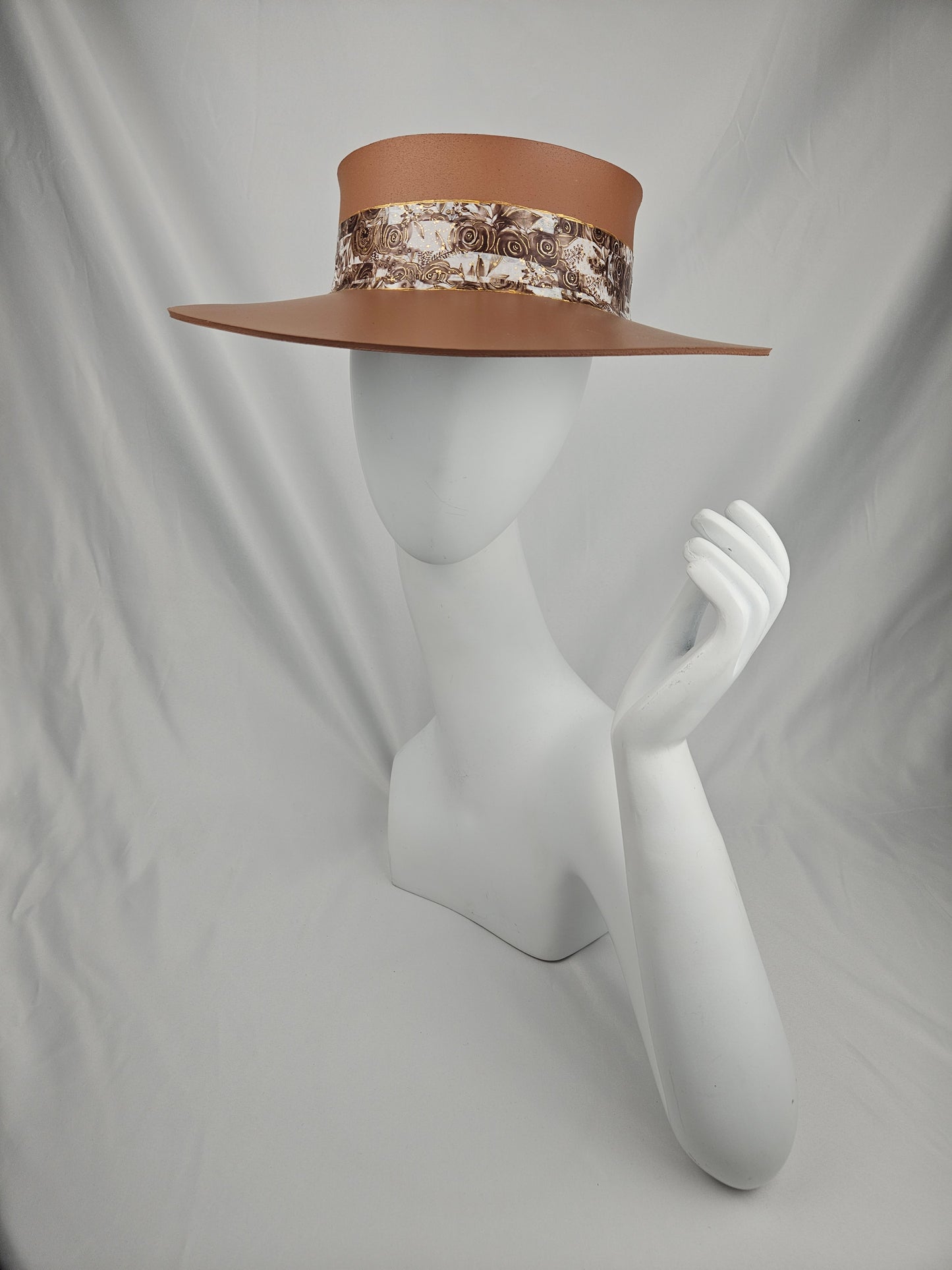 Tall Caramel Brown Audrey Sun Visor Hat with Earthy Brown Floral Band: UV Resistant, Walks, Brunch, Tea, Golf, Wedding, Church, No Headache, Easter, Pool, Beach, Big Brim