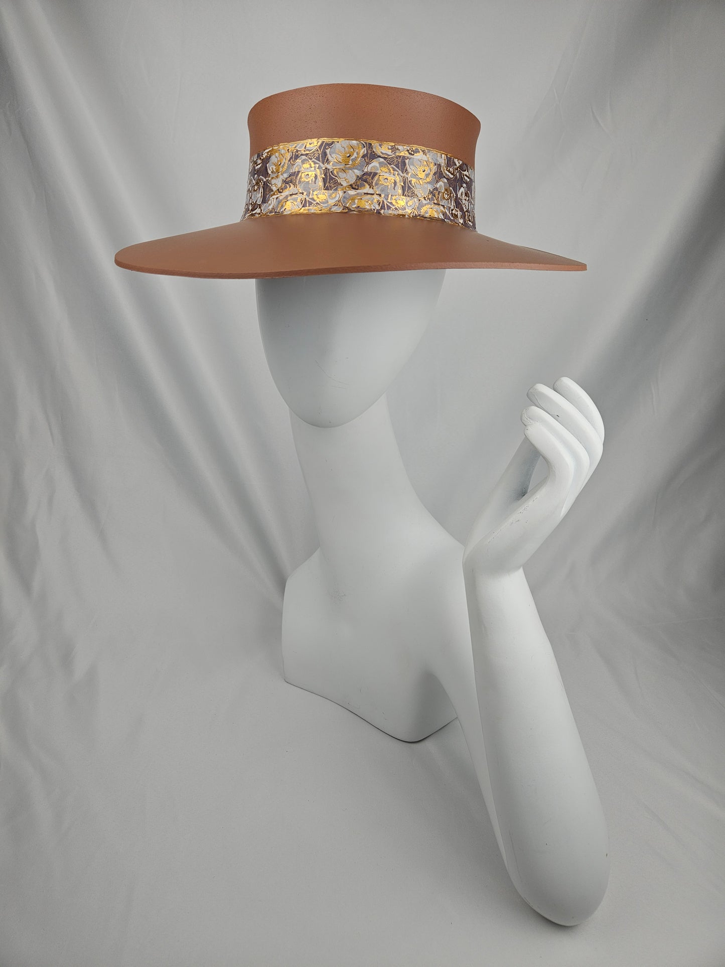 Tall Caramel Brown Audrey Sun Visor Hat with Gray and Gold Floral Band: UV Resistant, Walks, Brunch, Tea, Golf, Wedding, Church, No Headache, Easter, Pool, Beach, Big Brim