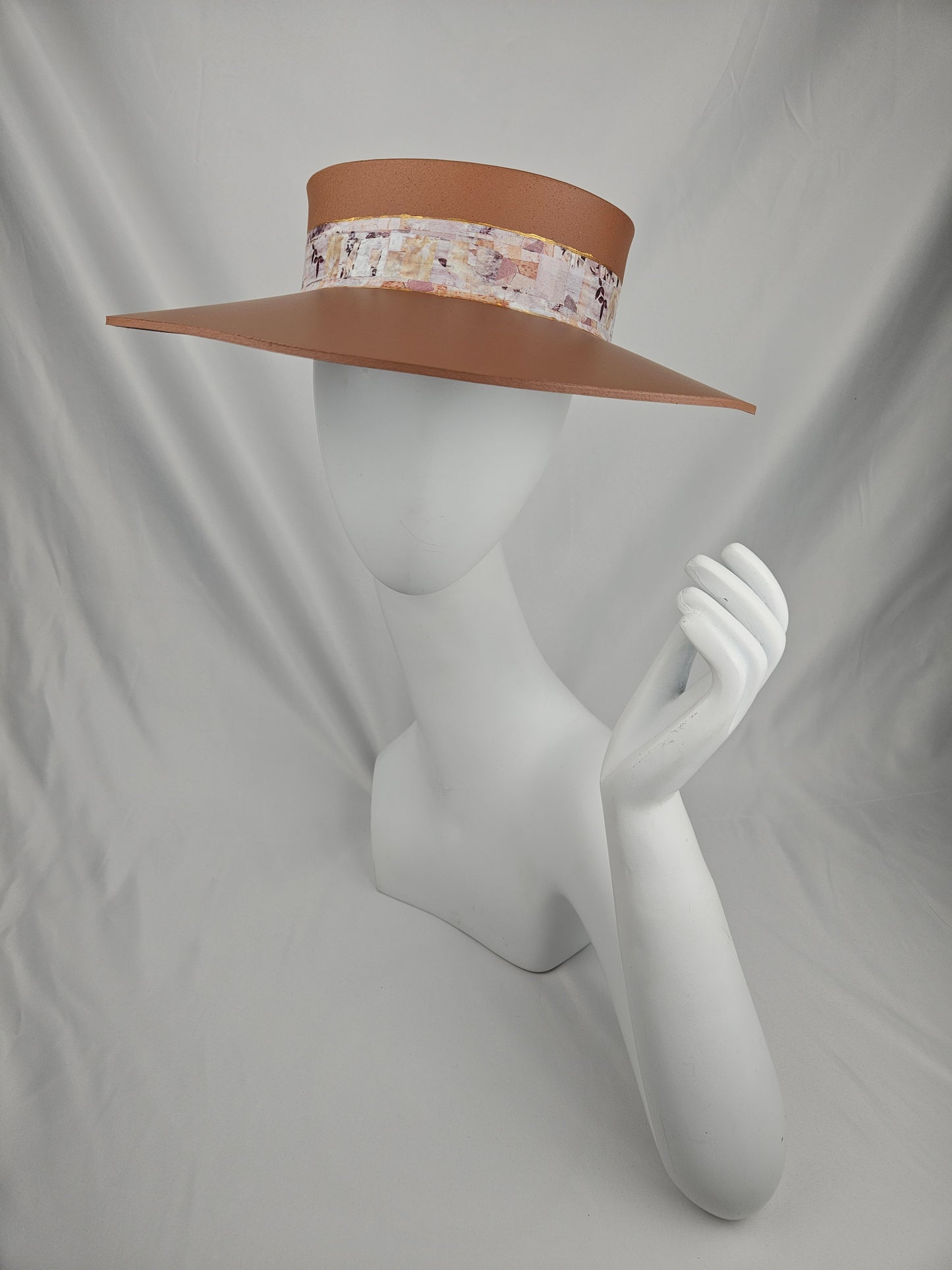 Caramel Brown Audrey Sun Visor Hat with Lovely Botanical Themed Collage Band: UV Resistant, Walks, Brunch, Tea, Golf, Wedding, Church, No Headache, Easter, Pool, Beach, Big Brim