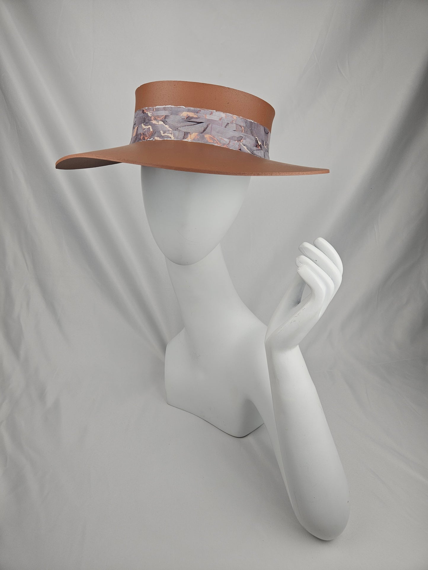 Caramel Brown Audrey Sun Visor Hat with Stylish Marbled Gray Blue Band: UV Resistant, Walks, 1950s, Brunch, Tea, Golf, Wedding, Church, No Headache, Easter, Pool, Beach, Big Brim