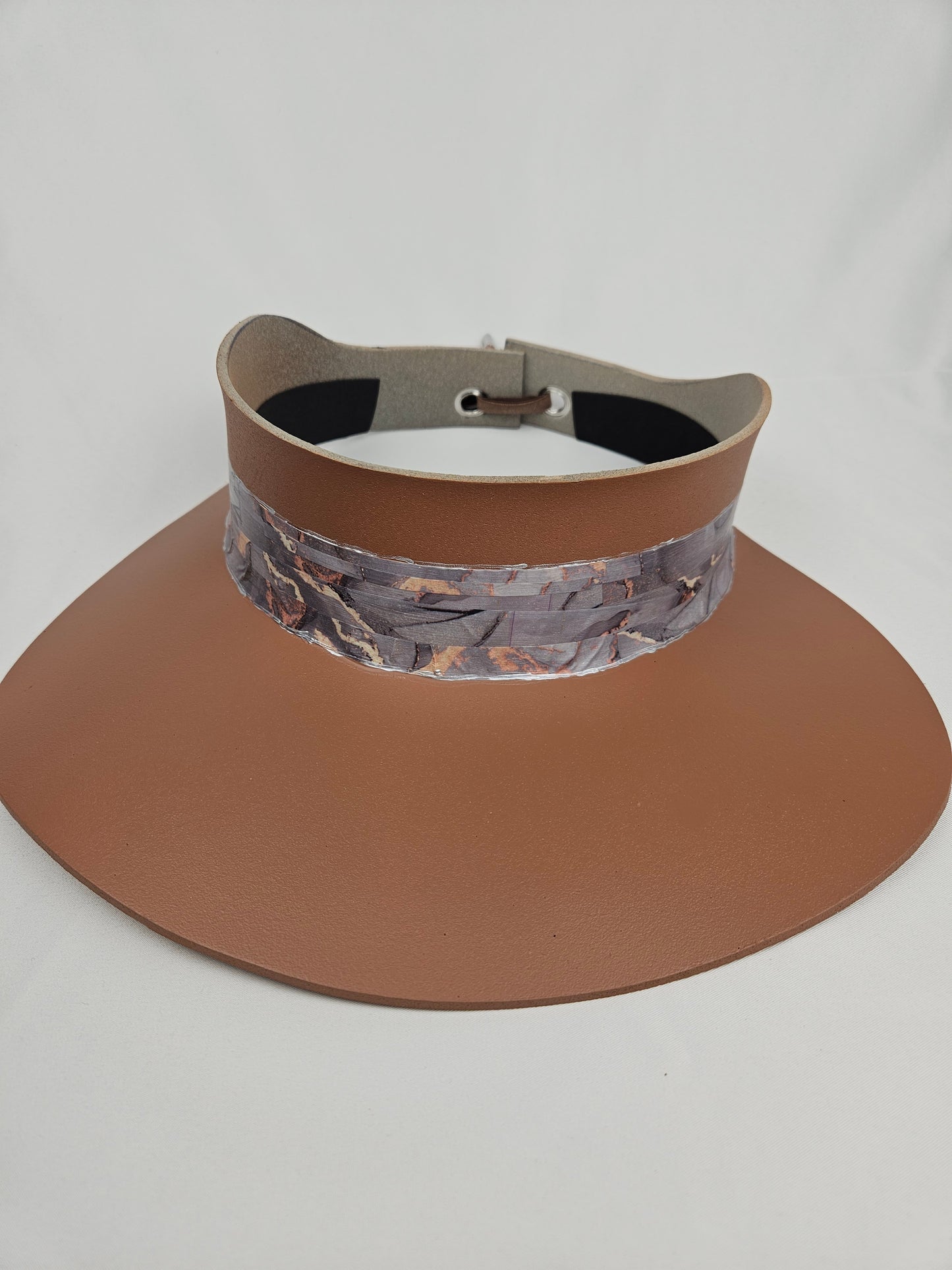 Caramel Brown Audrey Sun Visor Hat with Stylish Marbled Gray Blue Band: UV Resistant, Walks, 1950s, Brunch, Tea, Golf, Wedding, Church, No Headache, Easter, Pool, Beach, Big Brim