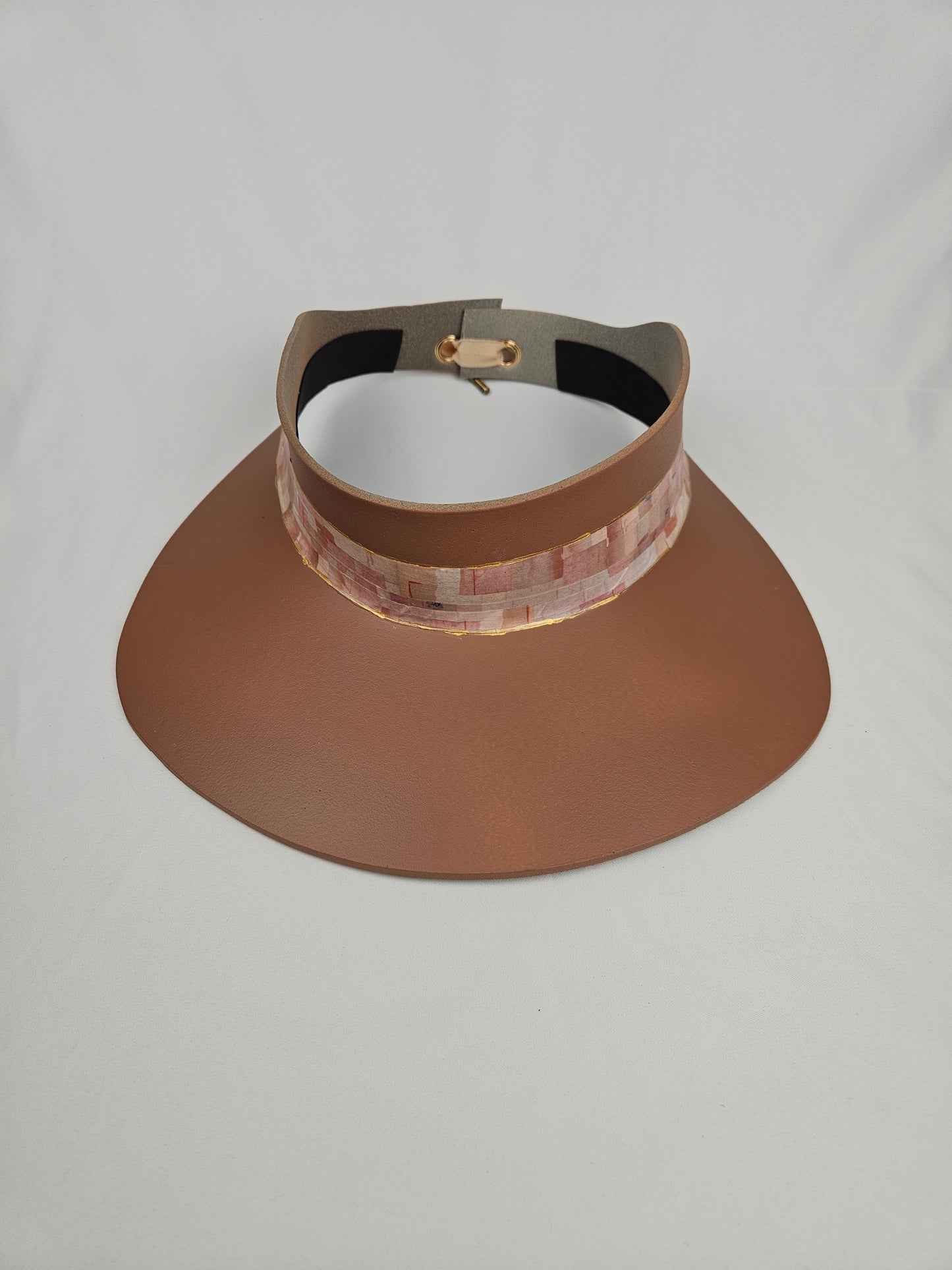 Tall Caramel Brown Audrey Sun Visor Hat with Stylish Pale Pink Collage Style Band: UV Resistant, Walks, 1950s, Brunch, Tea, Golf, Wedding, Church, No Headache, Easter, Pool, Beach, Big Brim