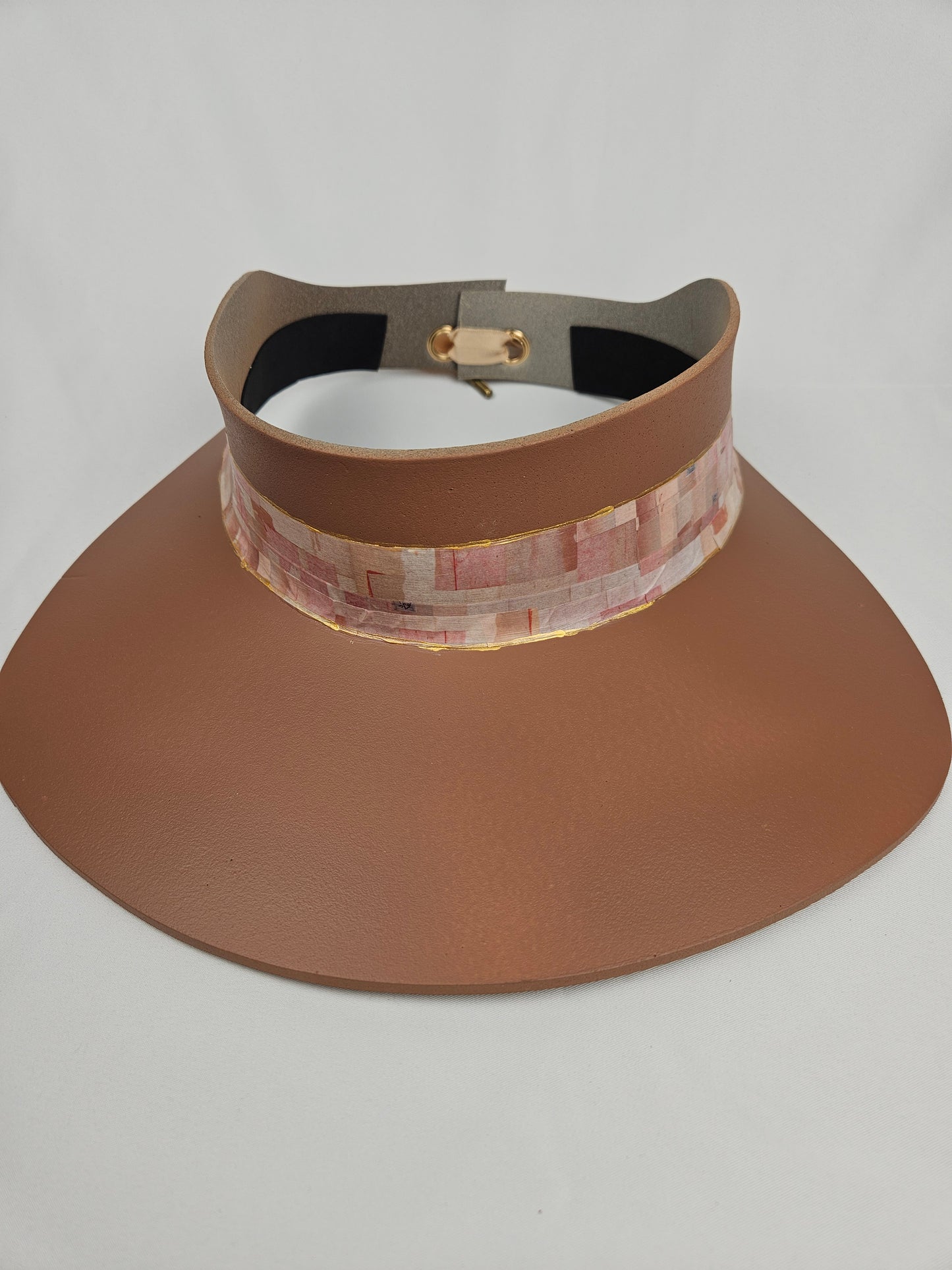 Tall Caramel Brown Audrey Sun Visor Hat with Stylish Pale Pink Collage Style Band: UV Resistant, Walks, 1950s, Brunch, Tea, Golf, Wedding, Church, No Headache, Easter, Pool, Beach, Big Brim