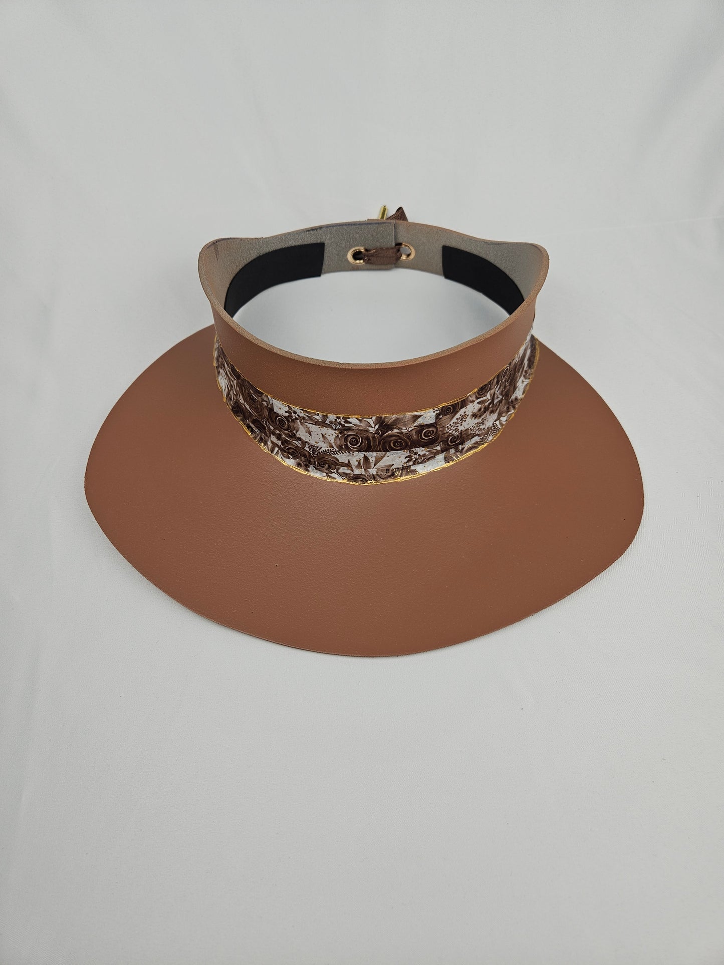 Tall Caramel Brown Audrey Sun Visor Hat with Earthy Brown Floral Band: UV Resistant, Walks, Brunch, Tea, Golf, Wedding, Church, No Headache, Easter, Pool, Beach, Big Brim