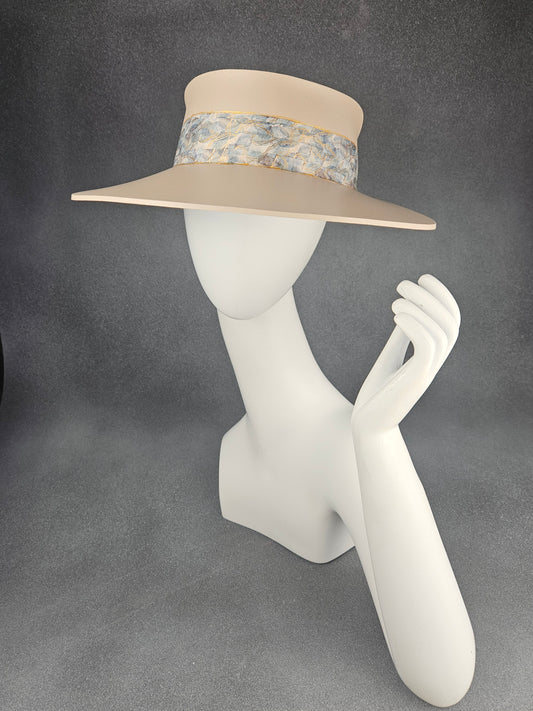 Tall Peachy Beige Audrey Sun Visor Hat with Blue Abstract Butterfly Band: UV Resistant, Walks, Brunch, Golf, Wedding, Church, No Headache, 1950s, Pool, Beach, Big Brim, Summer