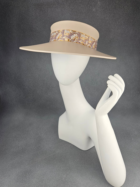 Peachy Beige Audrey Sun Visor Hat with Golden Floral Band: UV Resistant, Walks, Brunch, Golf, Wedding, Church, No Headache, 1950s, Pool, Beach, Big Brim, Summer