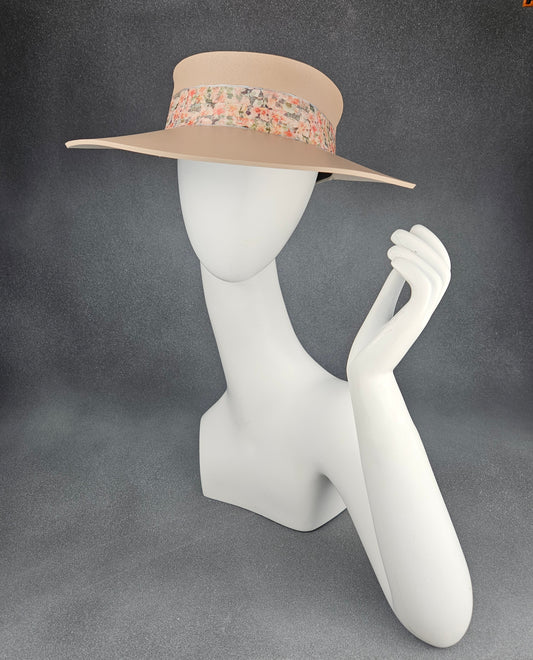 Peachy Beige Audrey Sun Visor Hat with Peach Floral Band: UV Resistant, Walks, Brunch, Golf, Wedding, Church, No Headache, 1950s, Pool, Beach, Big Brim, Summer