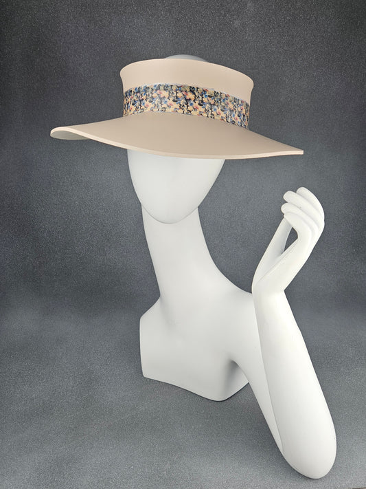 Peachy Beige Audrey Sun Visor Hat with Blue and Peach Floral Band: UV Resistant, Walks, Brunch, Golf, Wedding, Church, No Headache, 1950s, Pool, Beach, Big Brim, Summer