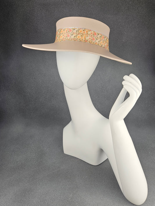 Peachy Beige Audrey Sun Visor Hat with Elegant Peach Floral Band: UV Resistant, Walks, Brunch, Golf, Wedding, Church, No Headache, 1950s, Pool, Beach, Big Brim, Summer