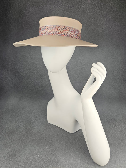 Peachy Beige Audrey Sun Visor Hat with Lovely Multicolor Floral Band: UV Resistant, Walks, Brunch, Golf, Wedding, Church, No Headache, 1950s, Pool, Beach, Big Brim, Summer