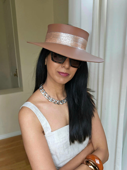 Tall Caramel Brown Audrey Sun Visor Hat with Lovely Silver Graphic Band: 1940s, Walks, Brunch, Tea, Golf, Wedding, Church, No Headache, Easter, Pool, Beach, Big Brim